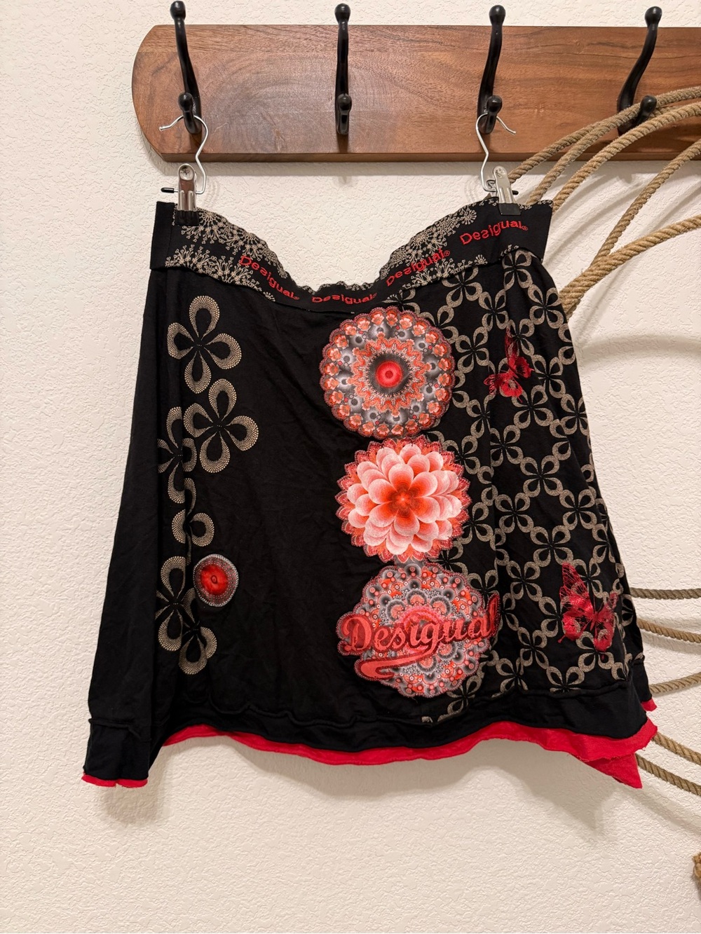 Desigual Black Skirt with Coral and Silver Floral Medallions